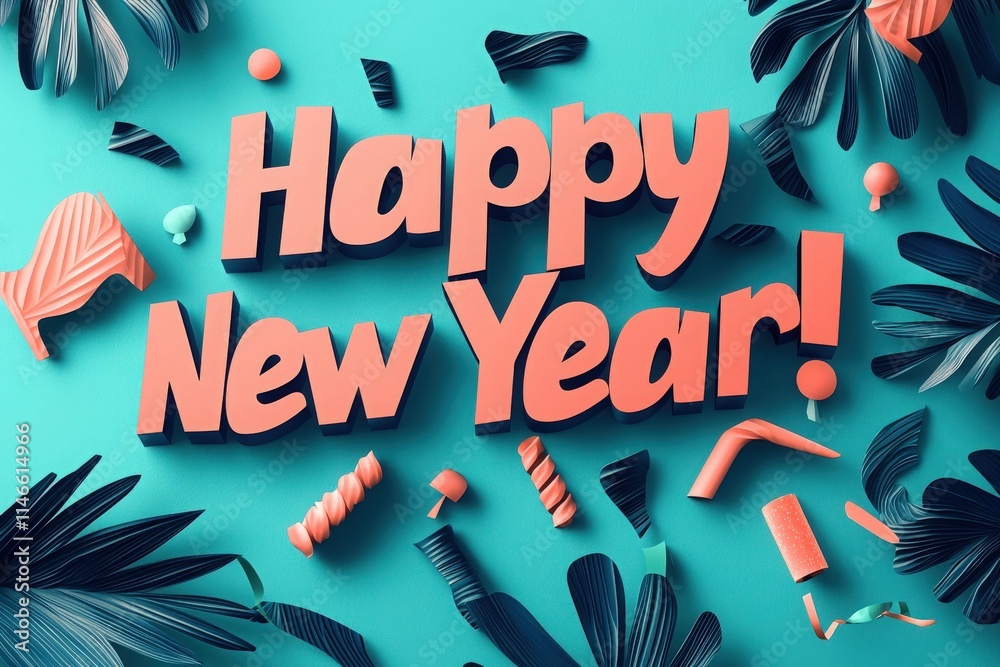 Bright letters form a cheerful greeting for the new year among playful elements and tropical leaves, creating a vibrant and lively atmosphere. The arrangement conveys joy and celebration.