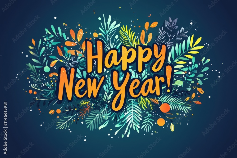 This festive artwork showcases a colorful arrangement of leaves and plants with bold lettering celebrating the New Year. The design is perfect for holiday invitations and decorations.