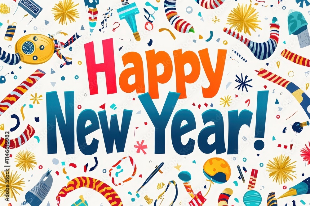 Bright and cheerful New Year greeting featuring vibrant colors, confetti, and party decorations.