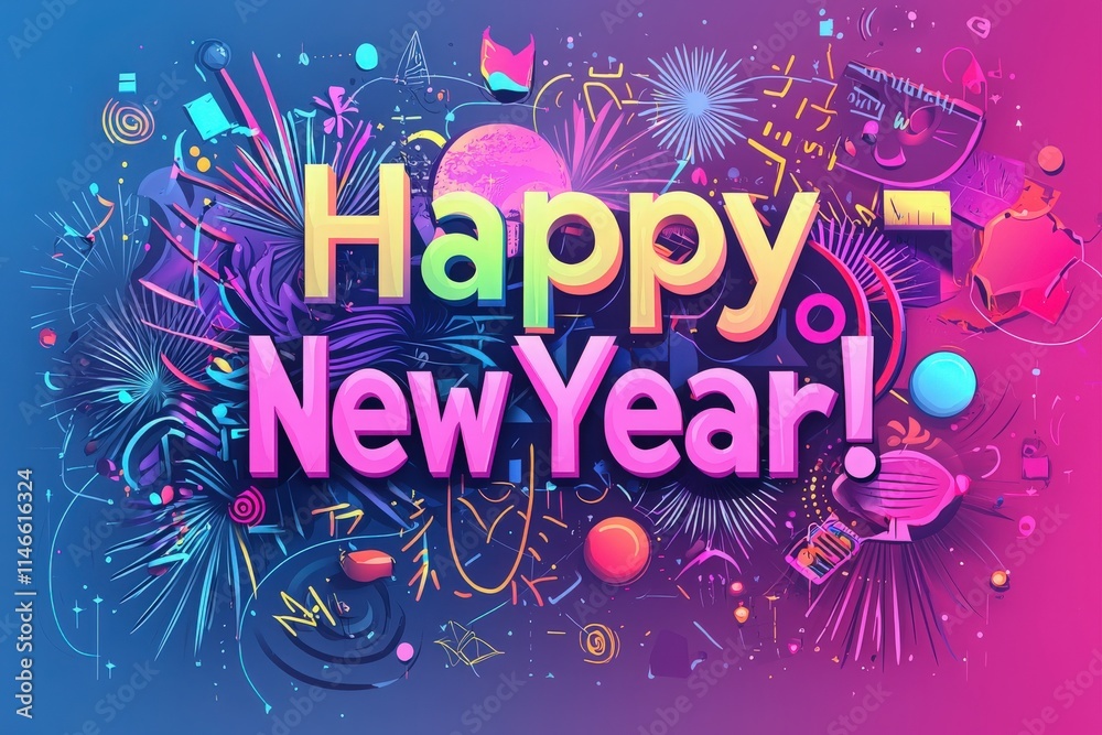 Vibrant and colorful decorations showcase joyful New Year greetings, featuring fireworks and playful graphics. The celebratory atmosphere evokes excitement and hope for the upcoming year.