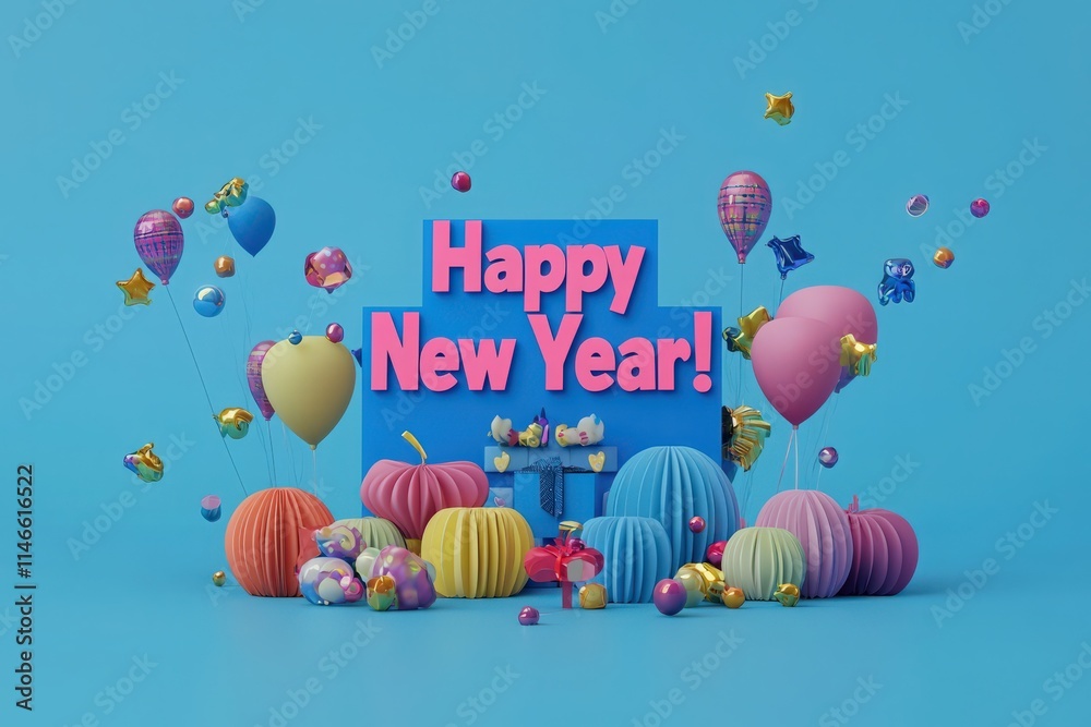 A vibrant arrangement showcases festive decorations for New Year celebration. Colorful balloons and playful decor surround a cheerful sign wishing everyone a happy New Year.