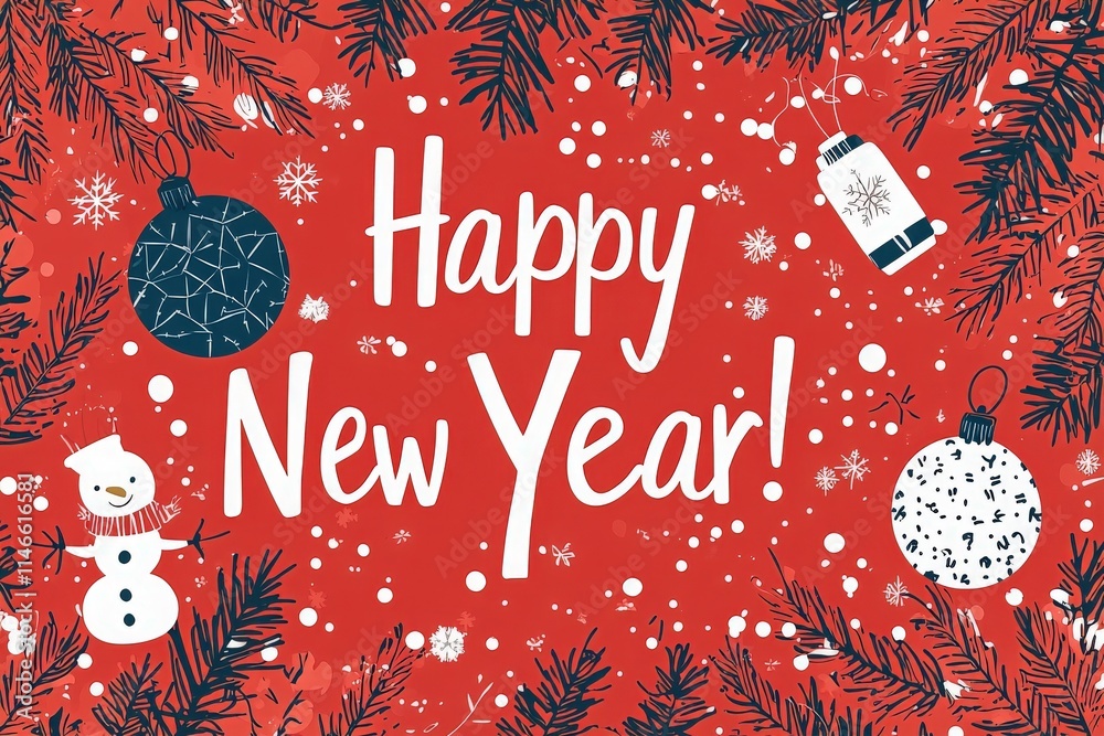 A festive card features decorative elements like snowflakes, ornaments, and a snowman against a bright red background. The cheerful message conveys warm New Year wishes.
