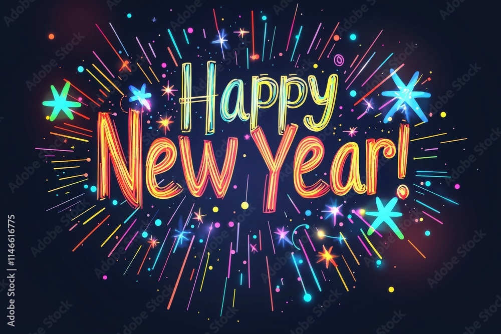 Colorful letters spell out Happy New Year surrounded by sparkling stars and fireworks. This festive design captures the excitement of a New Years celebration at midnight.