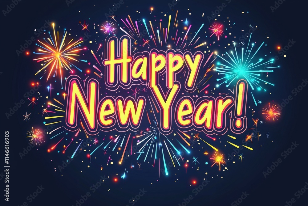 Bright fireworks light up the night sky to celebrate New Year. Colorful text wishes everyone a Happy New Year, creating a joyful and festive atmosphere for all.