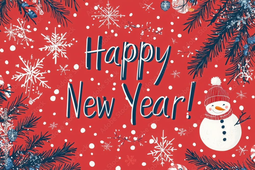 The card features a vibrant red background adorned with snowflakes and pine branches, prominently displaying a cheerful snowman wearing a red hat along with the message for a Happy New Year.