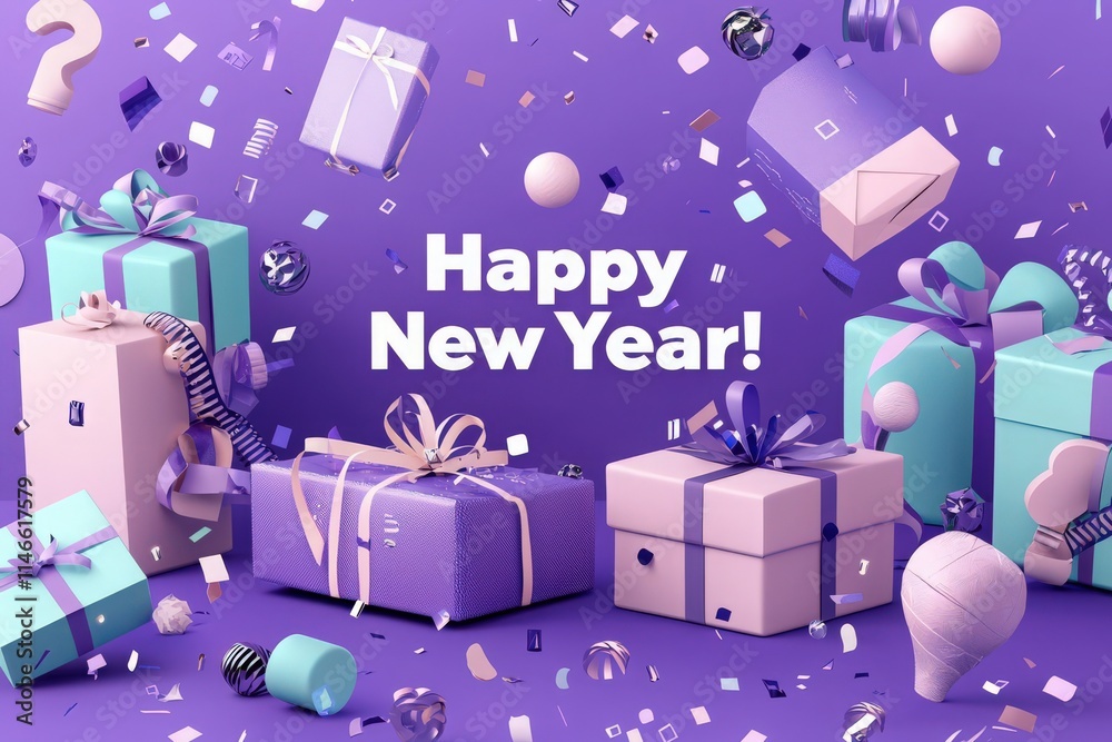 Colorful gifts are arranged on a purple background, creating a lively atmosphere for New Year celebrations. Confetti and festive elements enhance the joyful mood of the occasion.