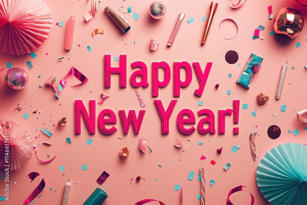 Bright decorations and vibrant confetti create a joyful atmosphere for the New Year celebration. Happy New Year is prominently displayed in bold letters among the festive elements.