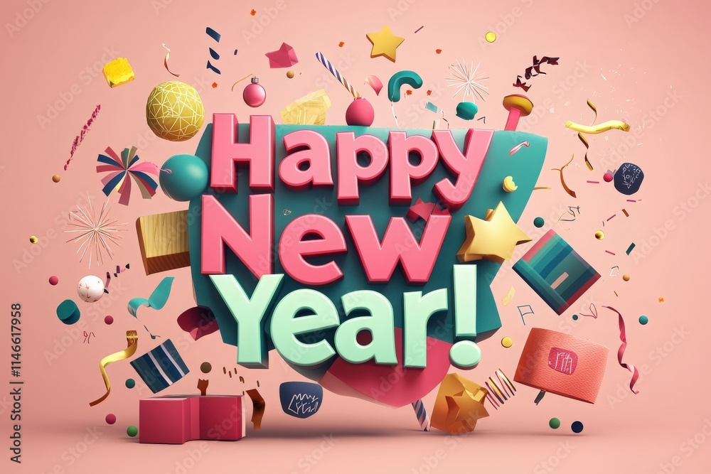 Festive decorations celebrate the arrival of a new year, featuring bright colors, playful shapes, and cheerful messages. The atmosphere radiates joy and anticipation for fresh beginnings.