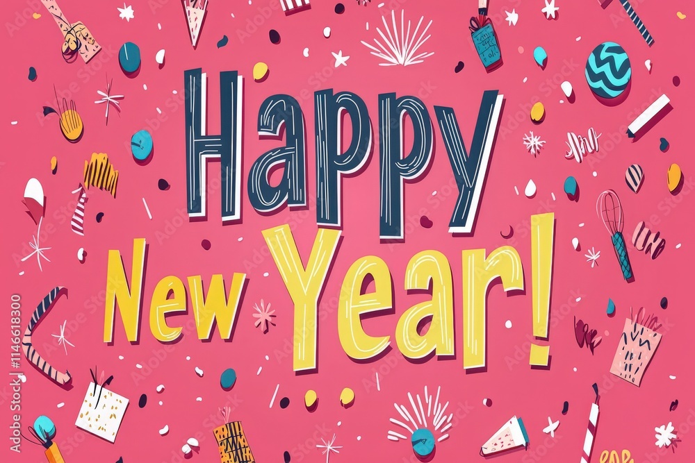 Bold and playful text wishing a happy new year is surrounded by festive elements like confetti, balloons, and party hats, creating an energetic atmosphere perfect for celebrations.