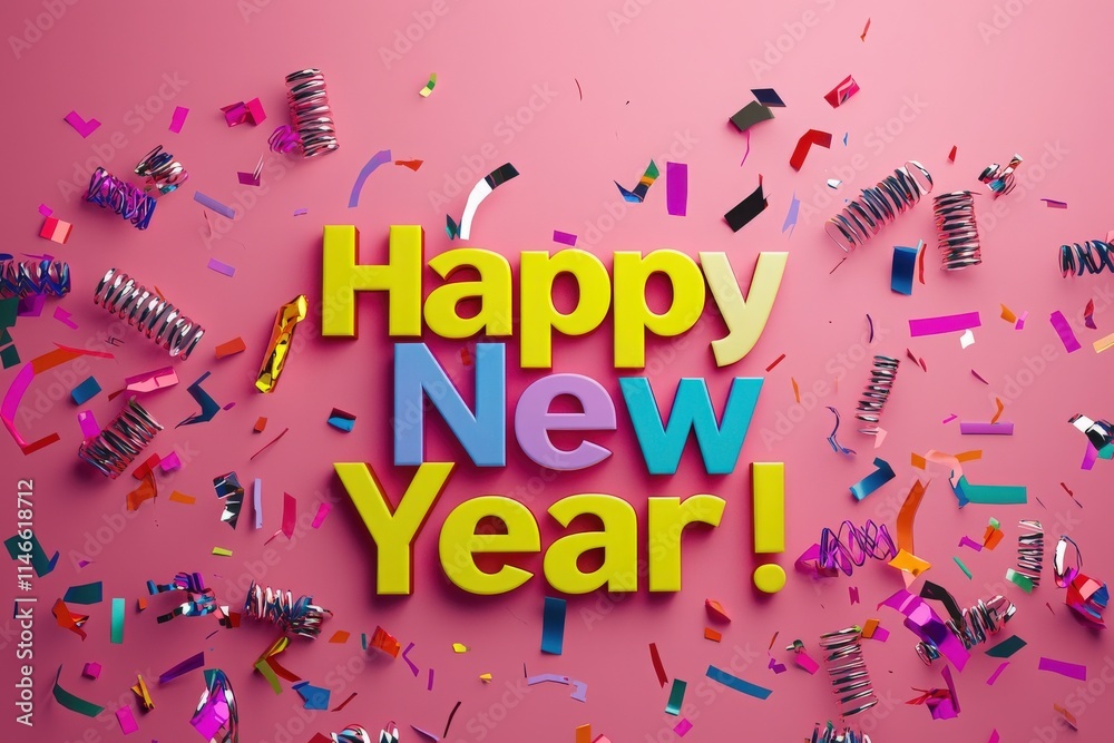 Colorful confetti and streamers fill the air with a joyful atmosphere, highlighting vibrant Happy New Year! text. This cheerful display welcomes a fresh start and new beginnings.