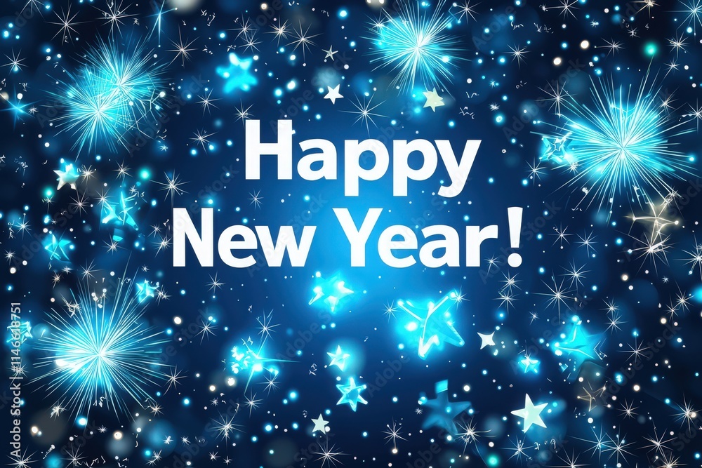 Colorful blue fireworks light up the night sky, surrounded by sparkling stars, creating a joyful atmosphere to celebrate the arrival of the New Year with excitement and cheer.
