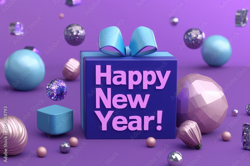 A colorful setting featuring a blue gift box with a large bow and the phrase Happy New Year! surrounded by shiny ornaments and festive decorations on a purple background.