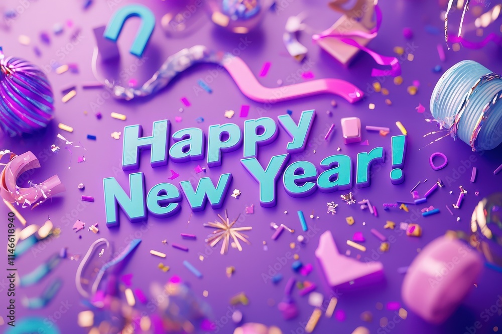 Brightly colored decorations and confetti are scattered around the words Happy New Year. The festive atmosphere captures the excitement of welcoming the new year with joy and celebration.