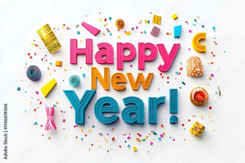 Brightly colored letters spell out happy new year with decorative items and confetti scattered around. The vibrant display captures the excitement of welcoming a new year ahead.