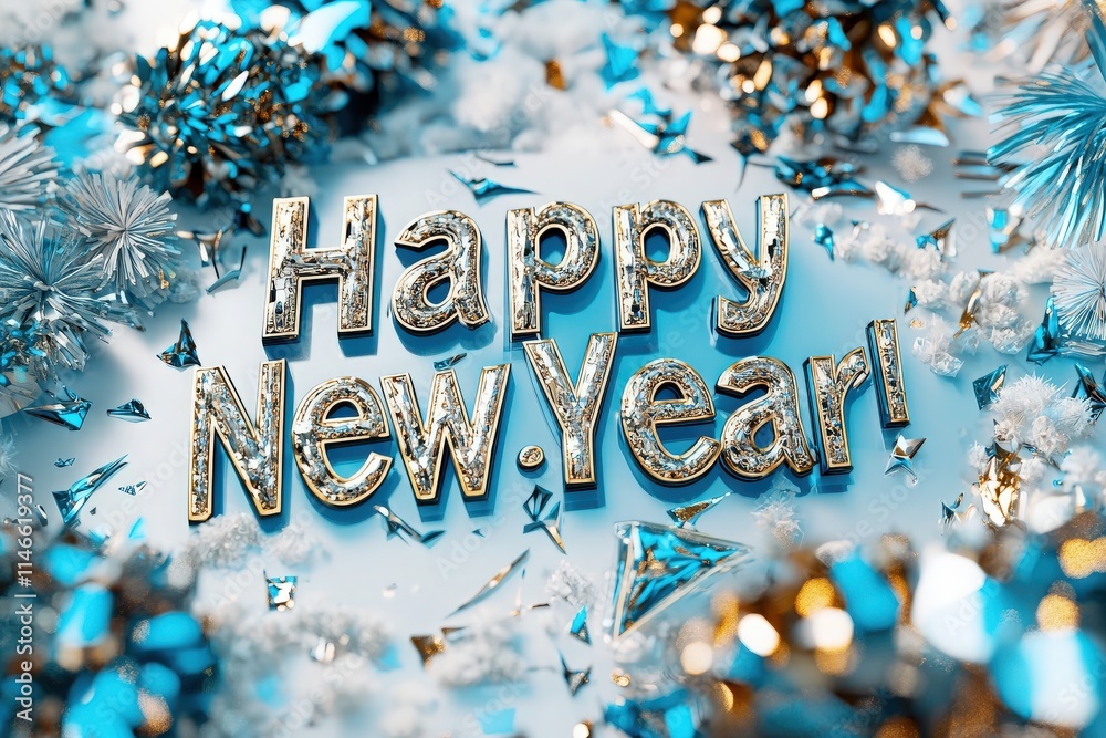 Colorful decorations surround sparkling letters that spell out Happy New Year, creating a festive atmosphere perfect for welcoming the new year and celebrating new beginnings.