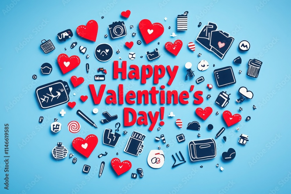 A vibrant arrangement features red hearts and playful icons celebrating Valentines Day. Elements like cameras, candies, and love notes create a festive atmosphere for this special occasion.