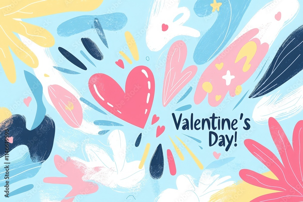 Bright and colorful artwork features hearts and playful patterns emphasizing love for Valentines Day. The cheerful and artistic design creates a festive atmosphere perfect for celebrations.