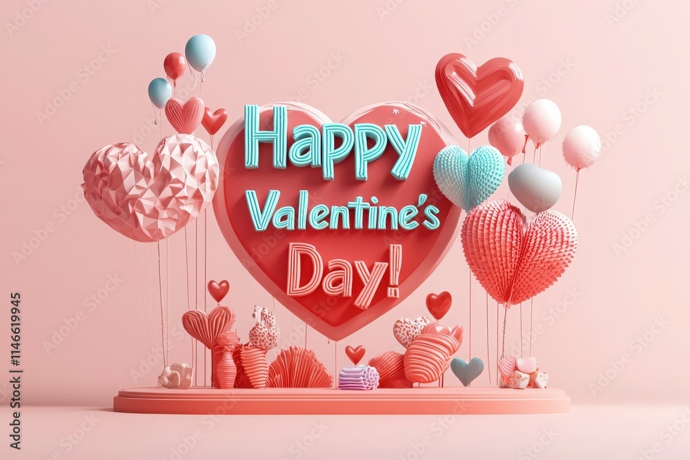 Vibrant heart-shaped decorations and balloons create a festive atmosphere for Valentines Day. The bright colors and playful design add joy and warmth to the celebration, inviting love and connection.