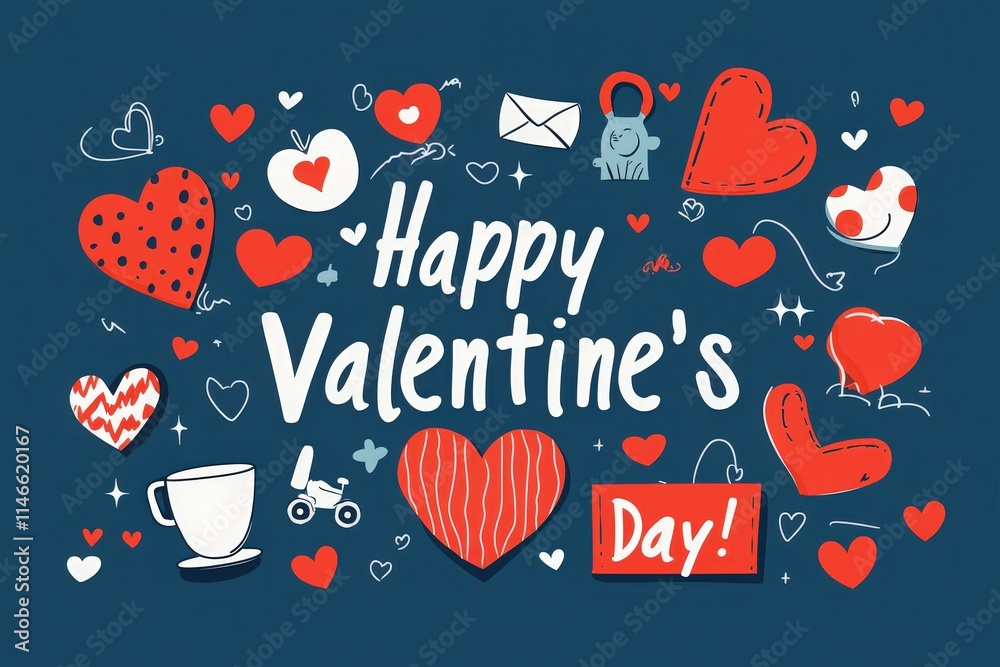 Bright and playful design filled with various hearts, a cup, and festive symbols for Valentines Day. The text conveys warm wishes, capturing the joyful essence of the occasion.