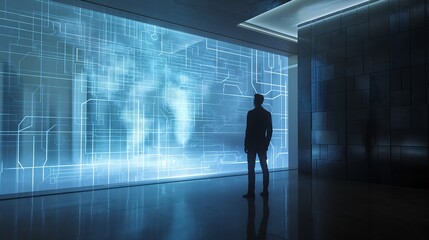 Poster - Business professional analyzing a 3D statistical model on a transparent holographic screen, set in a futuristic office.