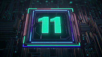 Poster - Neon Number Eleven on Circuit Board Background