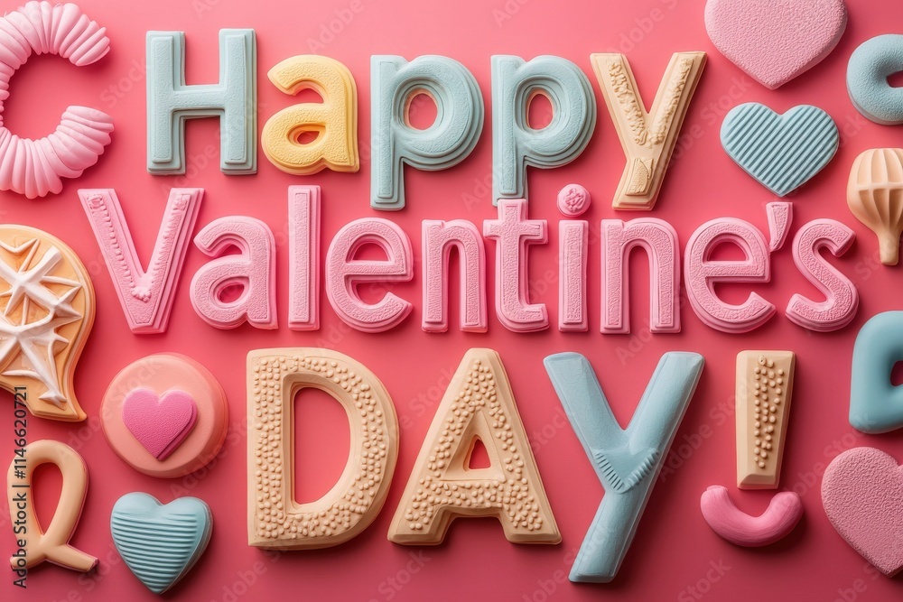 Festive letters and shapes create a joyful atmosphere for Valentines Day, featuring pastel colors and charming designs.