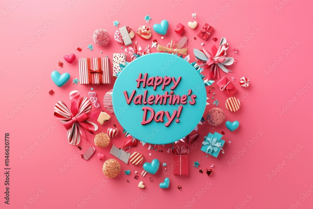 Festive decorations are arranged on a pink backdrop, featuring a large sign that reads Happy Valentines Day. Surrounding it are various gifts and heart-shaped items, creating a joyful atmosphere.