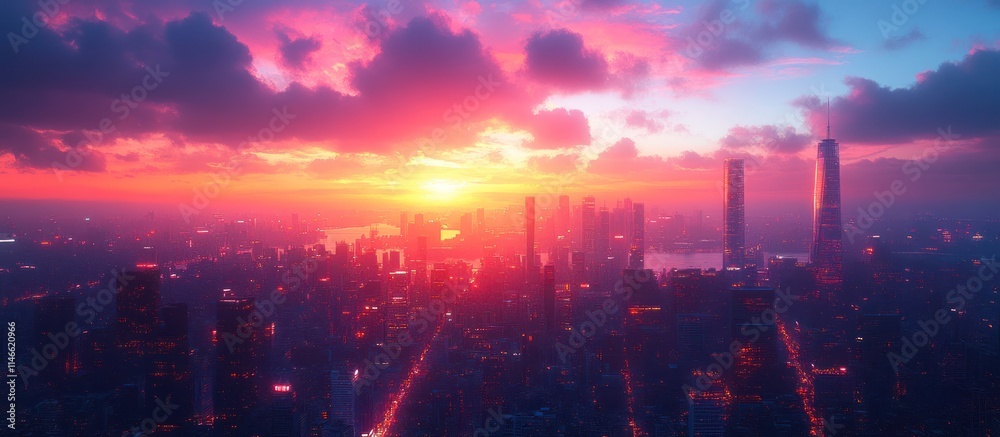 Aerial view of a city skyline at sunset with vibrant colors. Stock ...