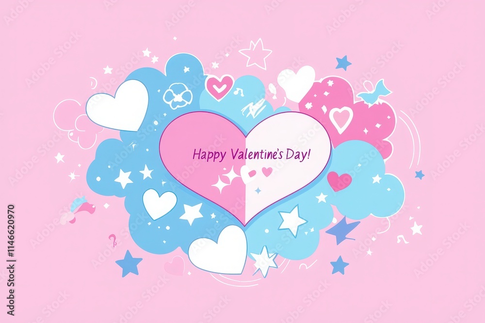 A festive design features hearts and stars in various colors, celebrating Valentines Day with a playful spirit. The cheerful message adds to the whimsical atmosphere, perfect for sharing love.