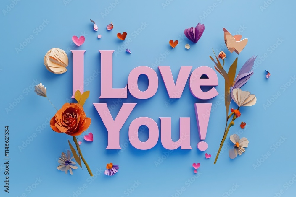 A vibrant arrangement features the words I Love You surrounded by various flowers and hearts, set against a light blue background. Perfect for expressing affection or celebration.