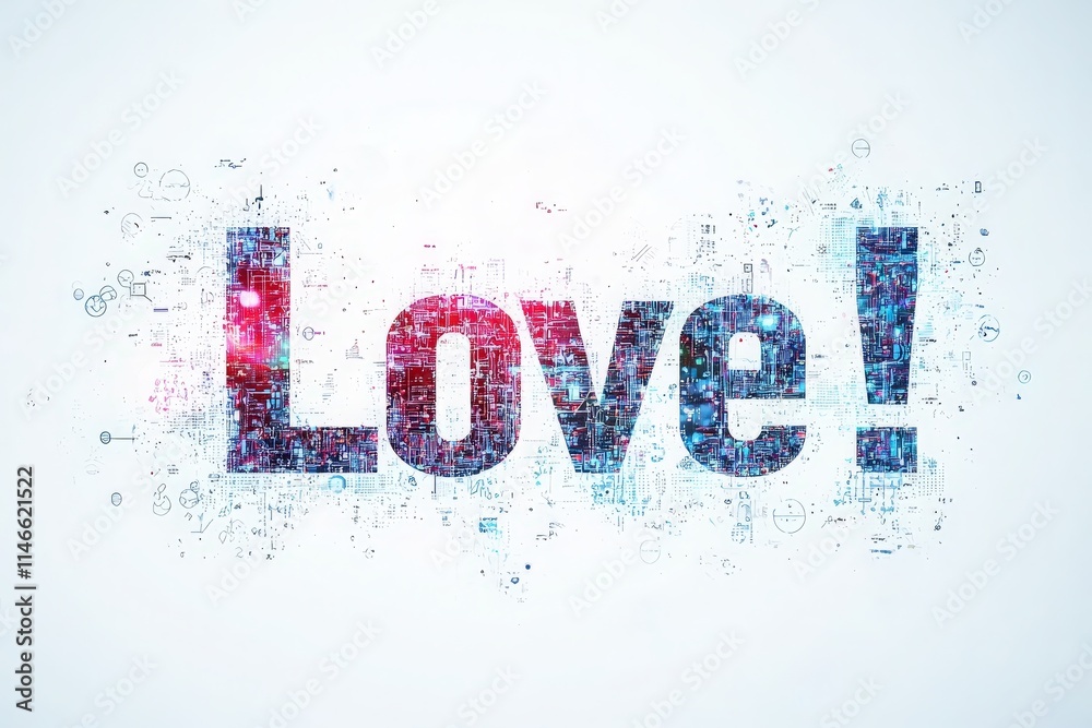Colorful digital artwork displays the word love prominently, surrounded by vibrant patterns and symbols. This creative design symbolizes affection and connection in a modern context.