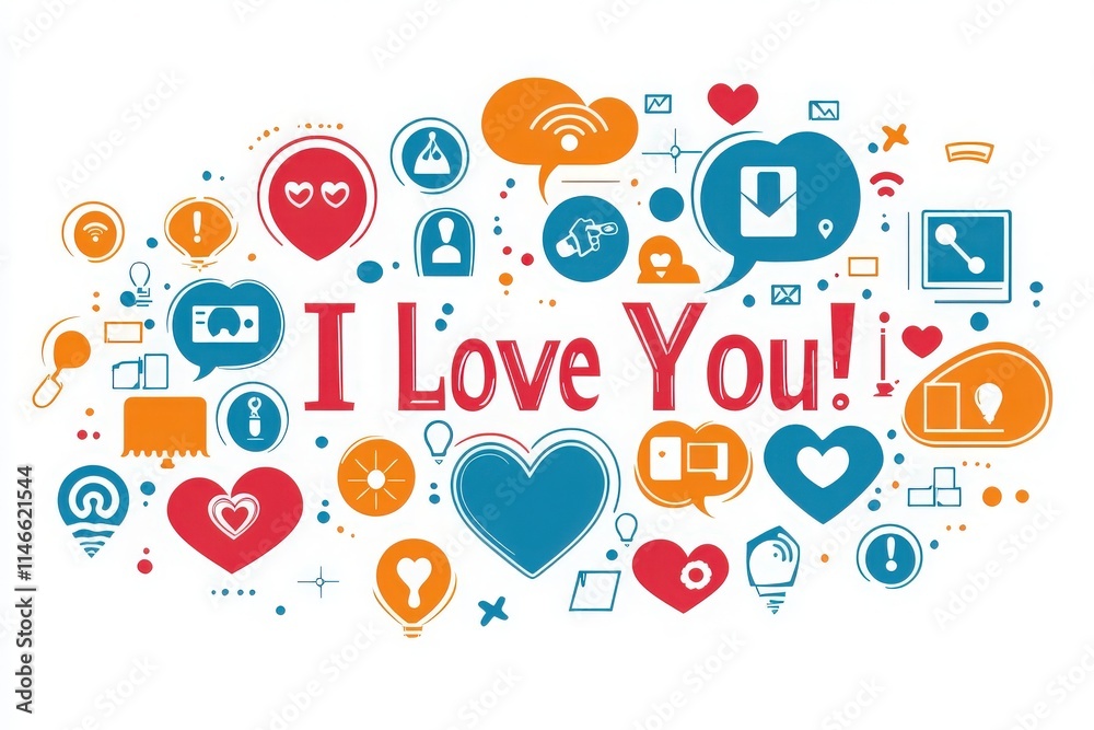 A vibrant composition showcases the phrase I Love You surrounded by heart icons and technology symbols, conveying affection in a modern, playful style suitable for social media.