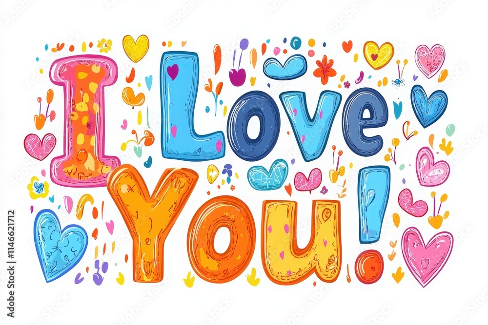Bright letters form the phrase expressing love surrounded by colorful hearts and cheerful flowers. The vibrant colors create a joyful and affectionate atmosphere, suitable for any romantic occasion.