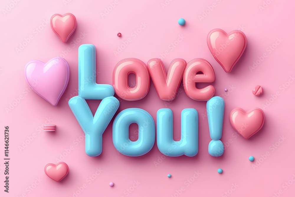 Bright pink and blue letters spell out love you surrounded by various heart shapes on a soft pink backdrop, creating a playful and affectionate atmosphere perfect for expressing feelings.