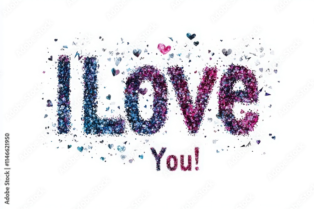 A vibrant arrangement of sparkling letters expressing love. The words I Love You are enhanced with glitter and colorful hearts, creating a festive and joyful atmosphere.