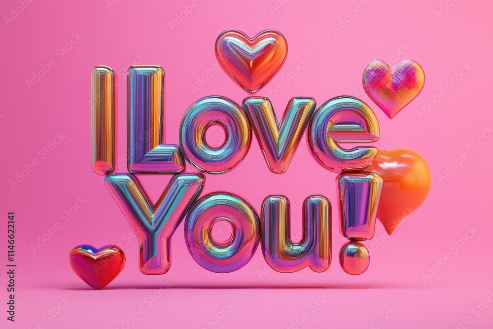 A shiny, metallic arrangement of the words I Love You! is surrounded by various heart shapes on a vibrant pink backdrop. This playful design conveys affection and joy.