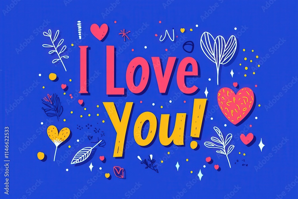 Bright and vibrant illustration showcases the phrase I Love You in large, playful letters surrounded by hearts and decorative elements, perfect for expressing affection on special occasions.