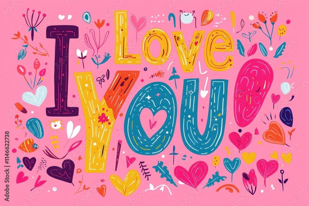 A vibrant design filled with the phrase I Love You surrounded by cheerful flowers, hearts, and whimsical doodles. This artwork captures joy and affection, perfect for celebrations.