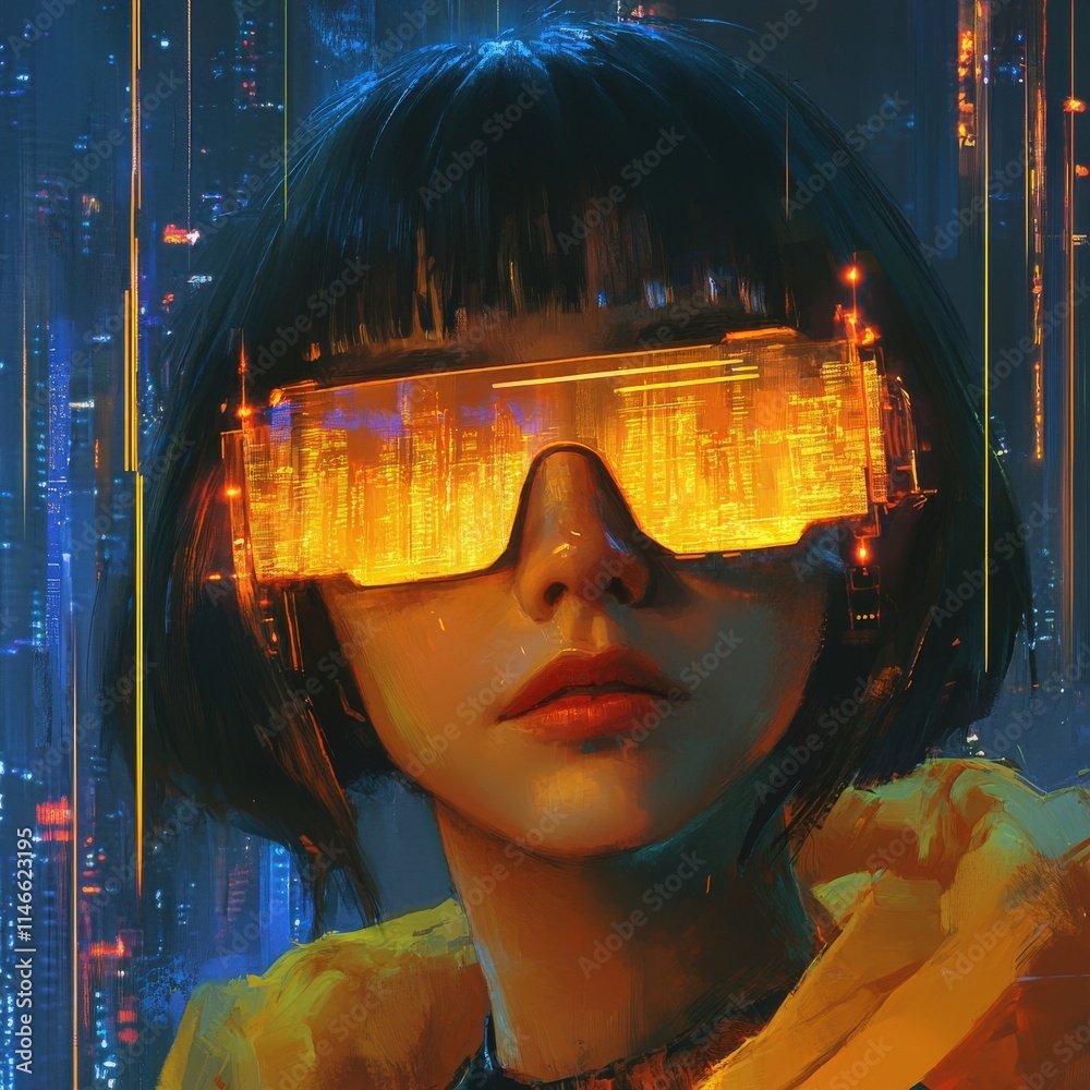 A young woman with a bob haircut wears futuristic glasses that reflect a vibrant cityscape. Neon lights illuminate her surroundings, creating a dynamic atmosphere in a cyberpunk setting.