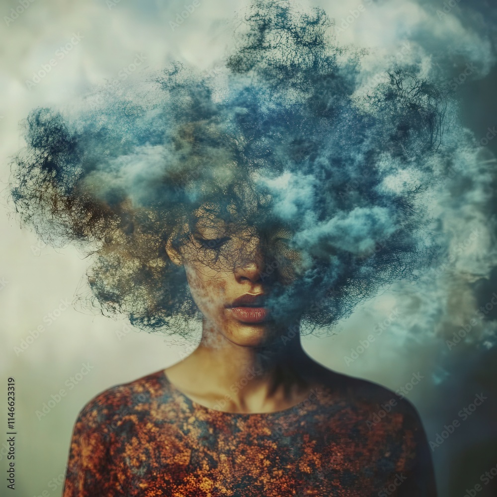 A person stands with a calm expression, their hair transformed into vivid clouds of color, blending art and emotion. The unique visual conveys a deep sense of imagination and introspection.