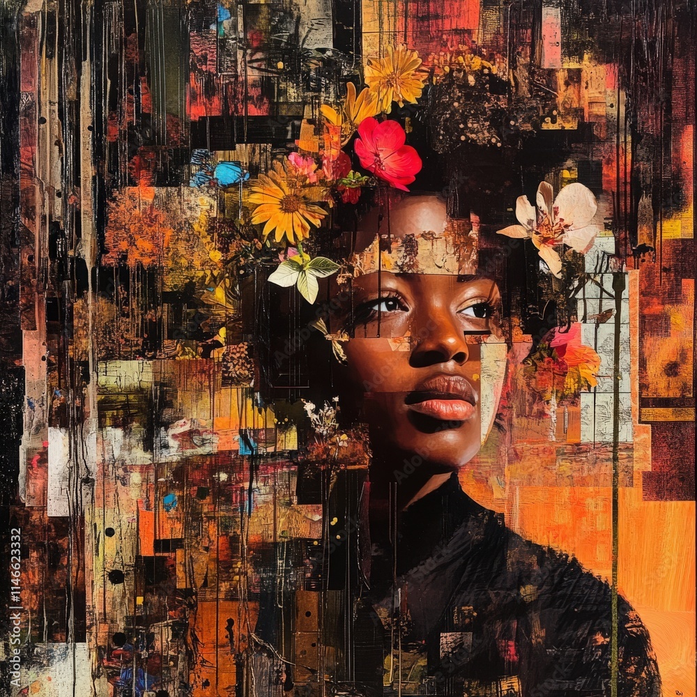 A woman with natural hair adorned with colorful flowers gazes thoughtfully. The background features a blend of warm colors and abstract textures, creating a striking artistic composition.