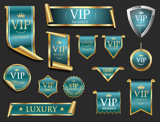 Wall Mural - vip and premium emblem blue and gold isolated on black background stock illustration