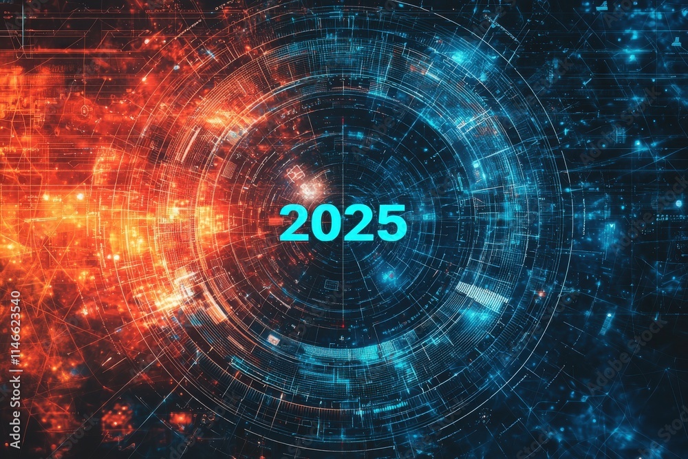 A captivating digital artwork showcases the year 2025, surrounded by dynamic energy patterns in blue and orange hues. This represents futuristic technology and innovation.