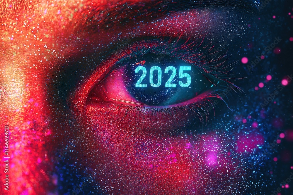 A close-up of a mesmerizing eye surrounded by vivid colors and cosmic particles, with the number 2025 glowing in the pupil, evoking a sense of future possibilities and imagination.