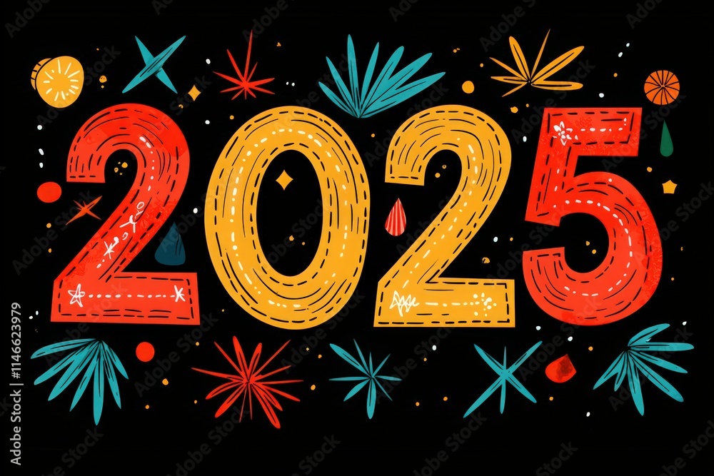 A creative illustration highlights the year 2025 with bold numbers adorned in bright colors. Surrounding patterns include leaves and fruits, emphasizing a festive theme.