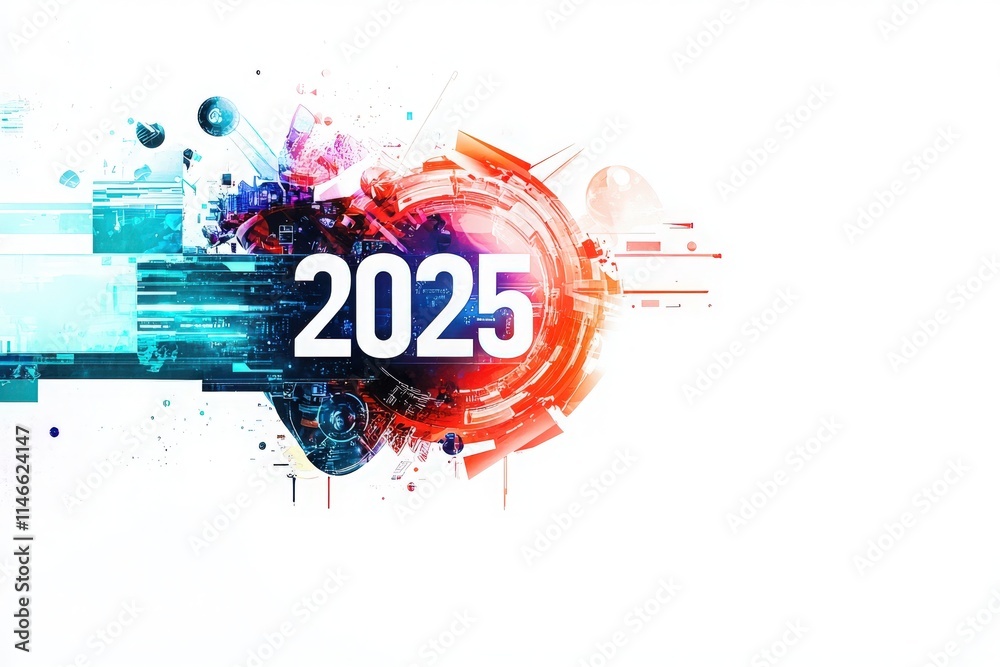 A colorful and dynamic design showcases the year 2025 with abstract shapes and vibrant hues. The composition blends technology and creativity, symbolizing the future.