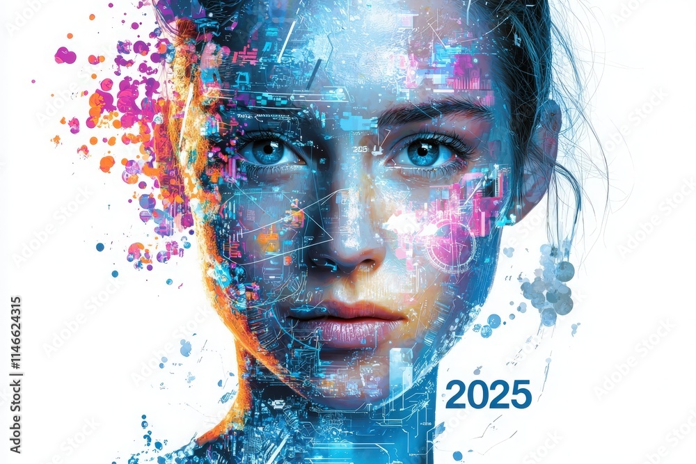 A striking portrait showcases a futuristic woman with bright blue eyes, her face integrated with colorful digital patterns and technology-inspired elements, all set against a vivid background.