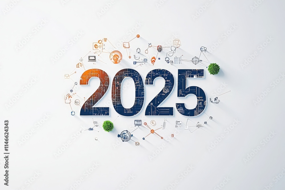 A creative representation of the year 2025 features bold numbers surrounded by various digital icons and small plants. This artwork emphasizes technology and growth, reflecting future possibilities.