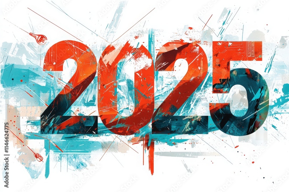 Bright and colorful digital design representing the year 2025, featuring bold typography and abstract elements. The artwork blends vivid colors and dynamic shapes, creating a modern aesthetic.