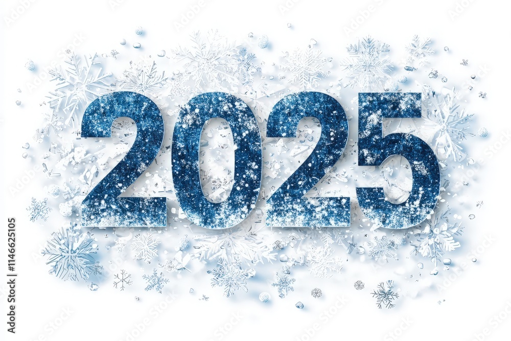 Festive decoration for the year 2025 features sparkling numbers amidst a flurry of white and blue snowflakes, creating a cheerful winter atmosphere perfect for New Year celebrations.